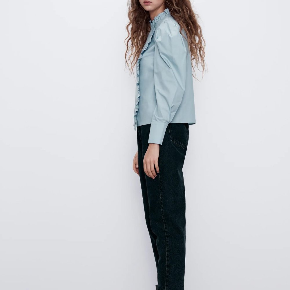 SOLD!!!Zara Ruffled High Collar Puff Sleeves Blue - Picture 5 of 9